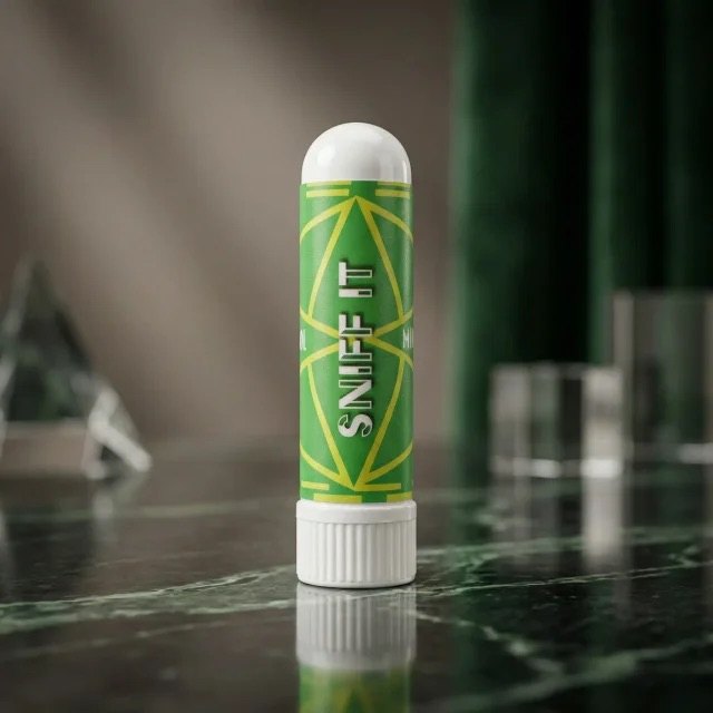 Sniff It stick standing on dark green marble